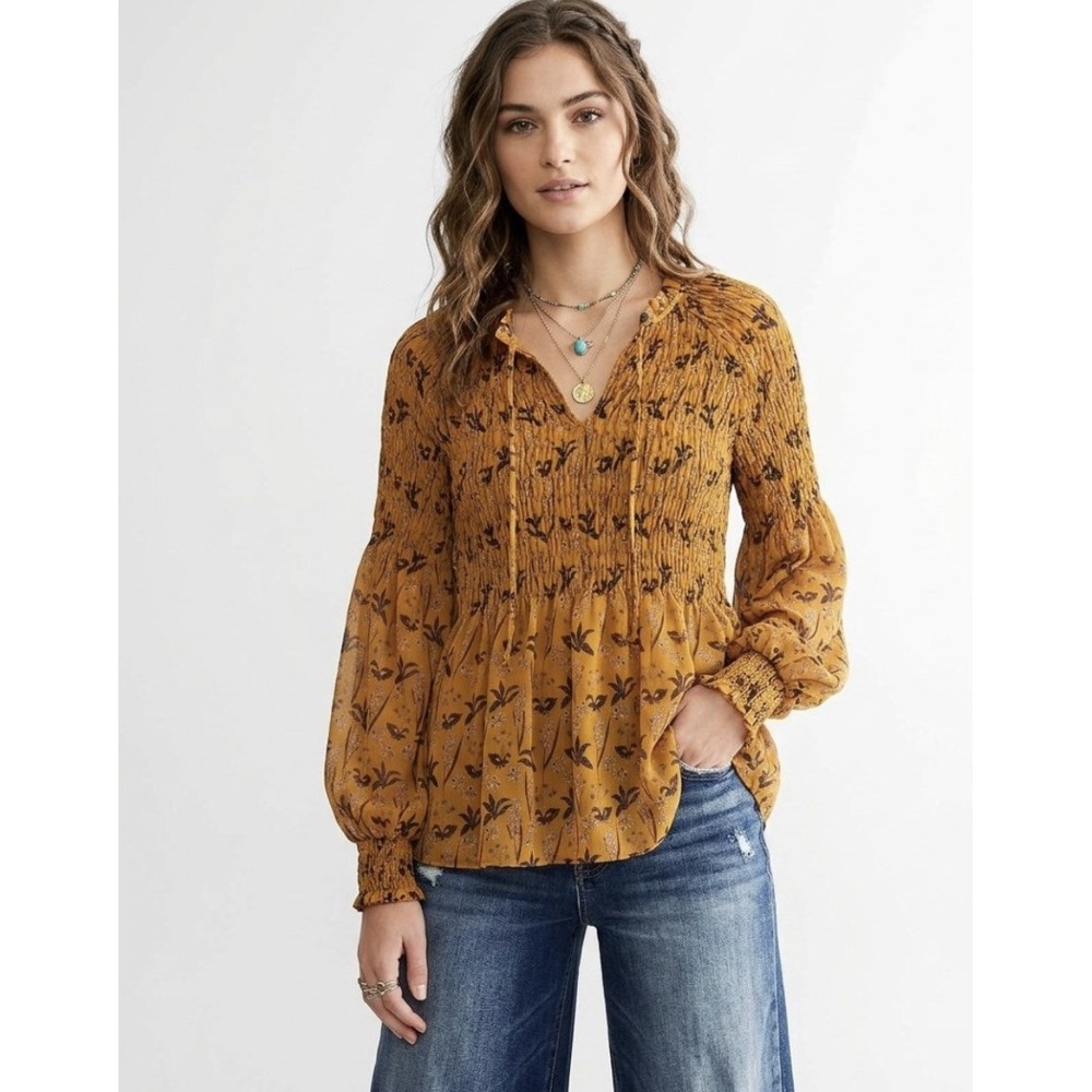 Rose & Olive Mustard Yellow Brown Floral Smocked Ruffle Tie Neck Blouse Boho L